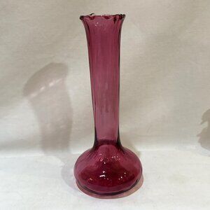 Vintage Pilgrim Cranberry Art Glass Bud Vase with Crimped Ruffle Top